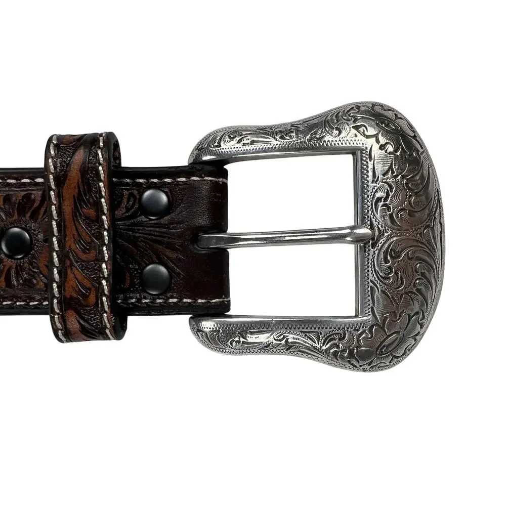 Ariat Tooled Leather Western Embroidered Belt Large Silver Buckle Size 44